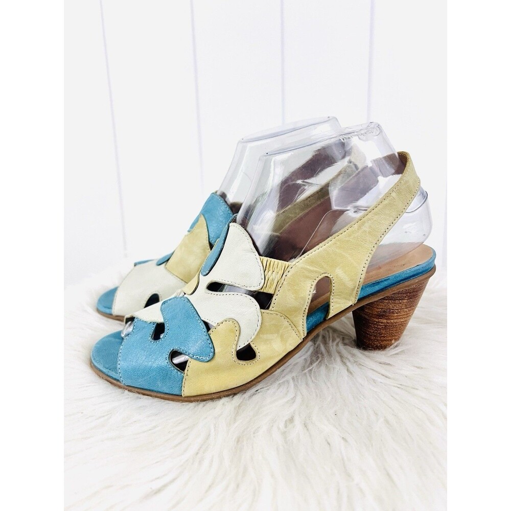 Fidji Blue & Yellow Patchwork Leather Cutout Slingback Sandals Heels EU37 US6